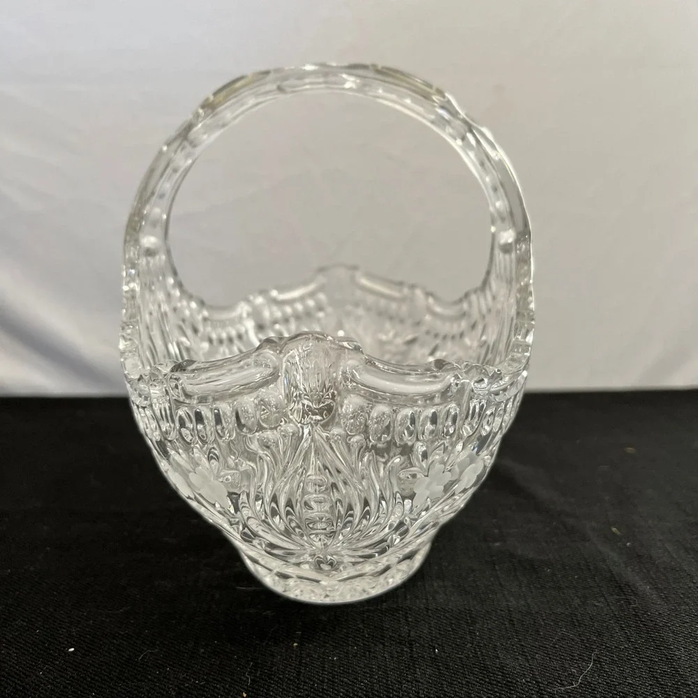 Vintage Clear Etched Crystal Glass Basket Floral Leaf Pattern Applied Handle